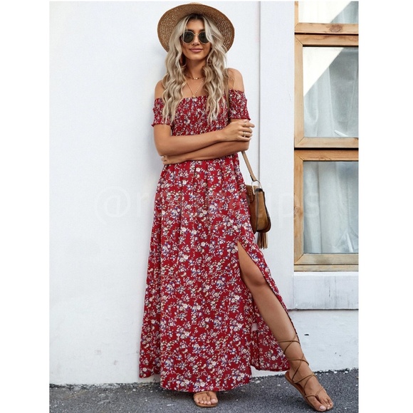 Floral Off Shoulder Burgundy Shirred Top Maxi Dress Leg Slit Flowy Short Sleeves - Picture 5 of 7